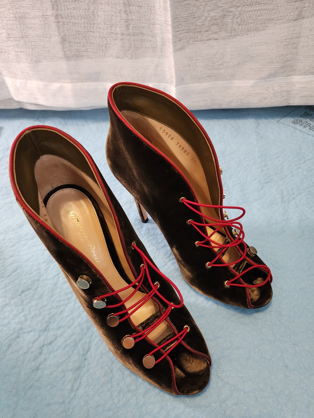 Barneys New York Brown Velvet Peep-Toe Heels with Red Trim and Lacing